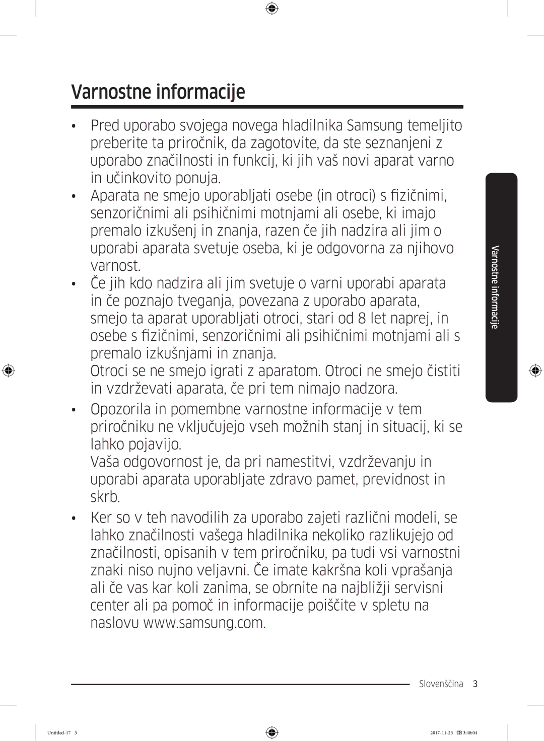 Samsung BRB260034WW/EF, BRB260130WW/EF, BRB260030WW/EF, BRB260176WW/EF, BRB260131WW/EF Varnostne informacije, Slovenščina  